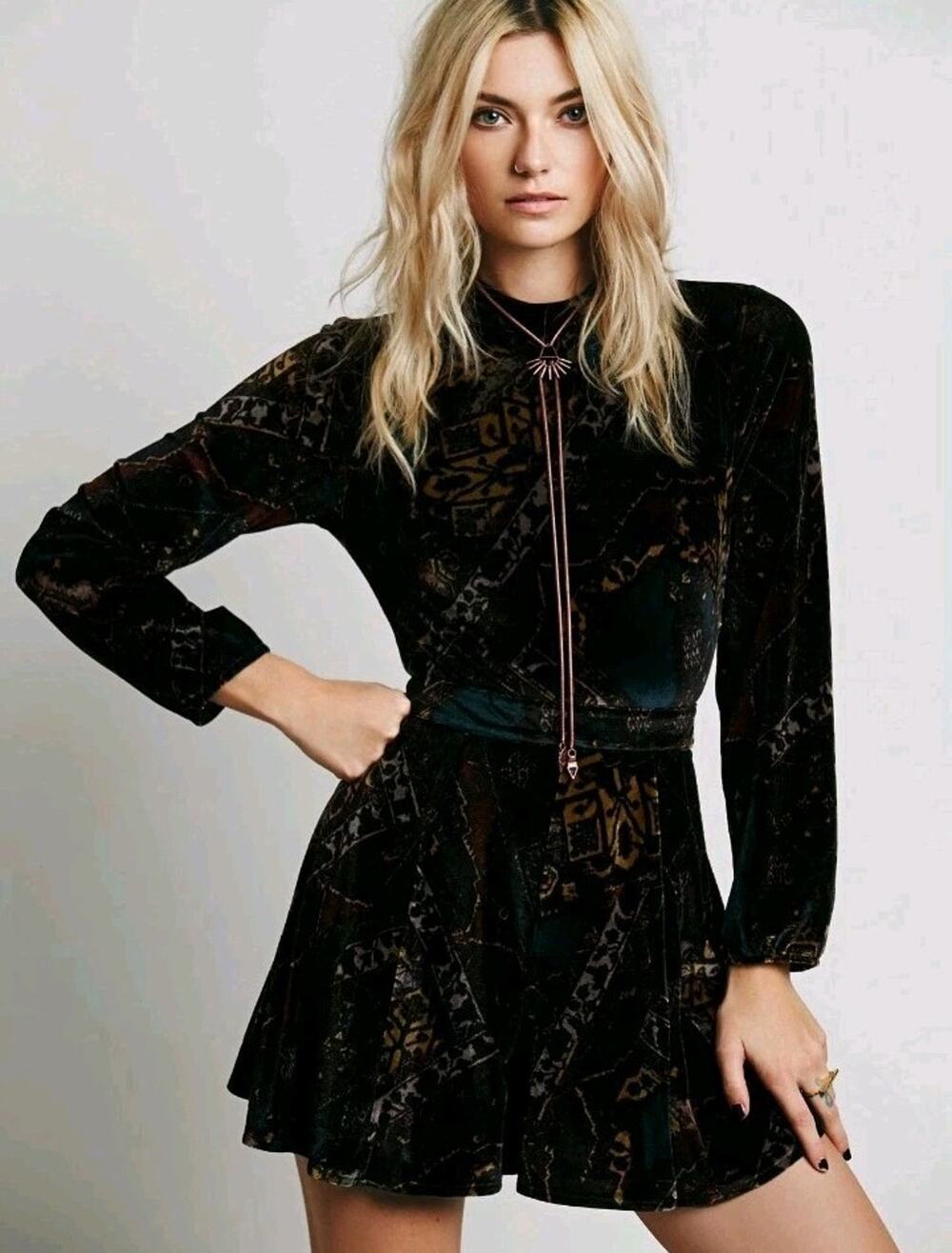 Free People Abstract Printed Backless Burnout Velvet Mini Romper Size 2